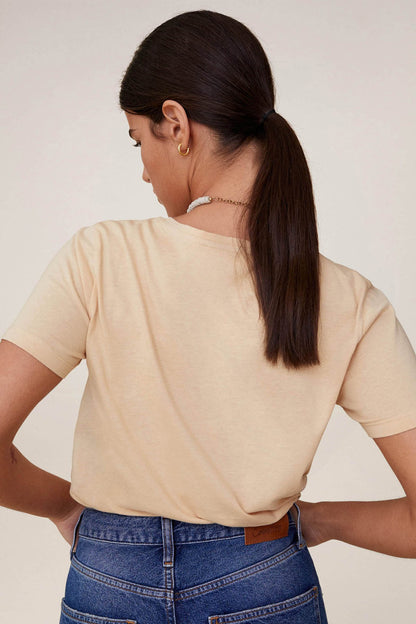 Beige short-sleeve T-shirt with crew neck, plain back view