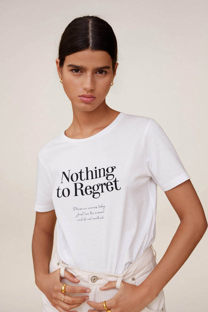 Women's white T-shirt with front slogan print, crew neck, short sleeves