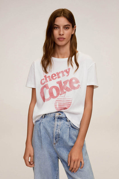 Off-white graphic T-shirt with cherry-themed front print, short sleeves