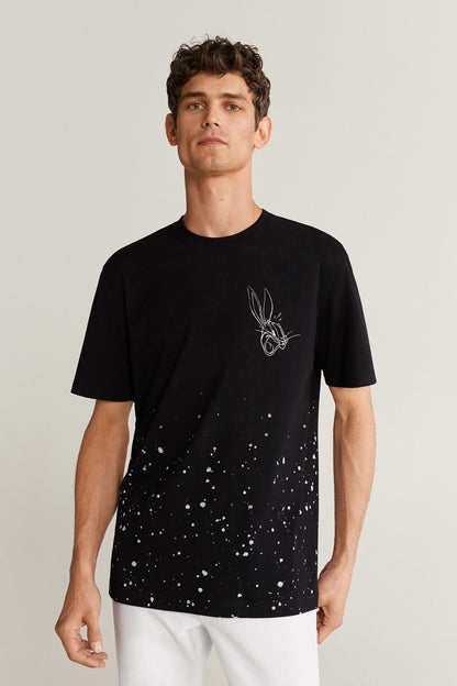 Black graphic T-shirt with small bunny-like logo and star-speckle print