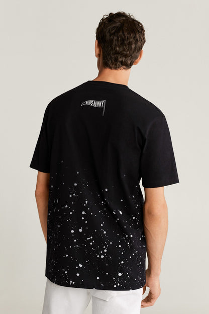 Back view black graphic T-shirt with speckle print and small neck logo