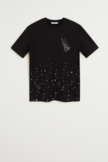 Black graphic T-shirt with front bunny-like logo and speckle detail