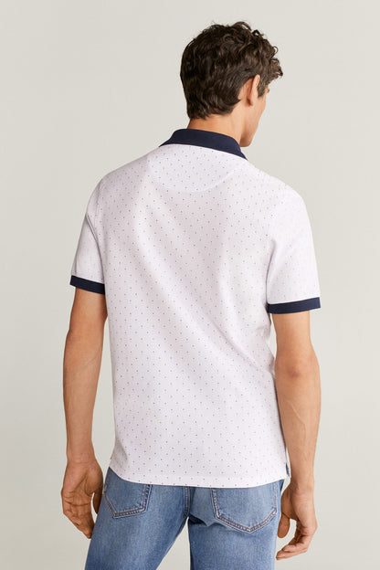 Men's white polo shirt back view with navy collar and sleeve trim, small dotted pattern