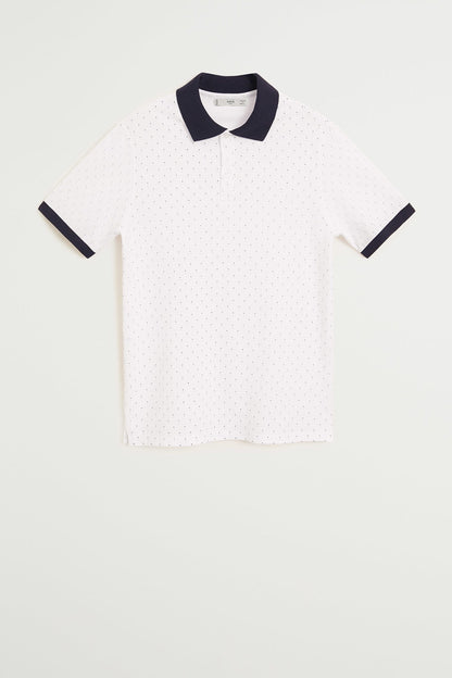Men's white polo shirt with navy collar and cuffs, small dotted pattern