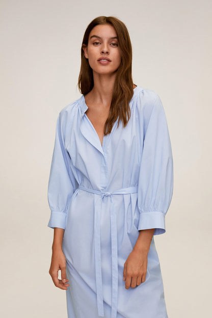 Sky blue belted shirt dress with V-neck and 3/4 sleeves