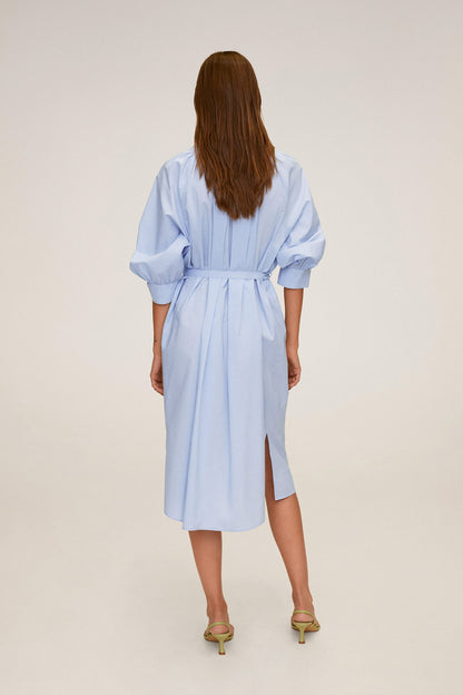 Sky blue belted shirt dress, back view, gathered sleeves and midi length