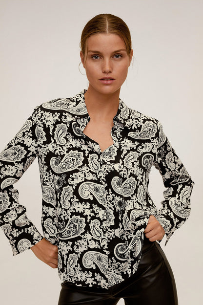 Paisley print button-up blouse, black with white details, long sleeves and collar