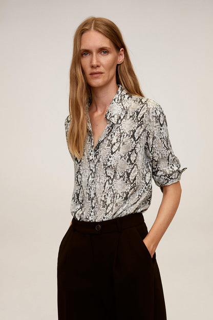 MANGO grey snake-print button-up blouse with pointed collar and short sleeves