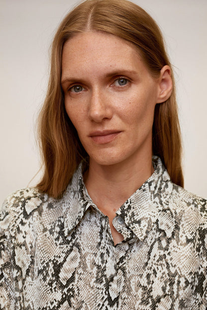 MANGO grey snake-print blouse with pointed collar and button placket detail