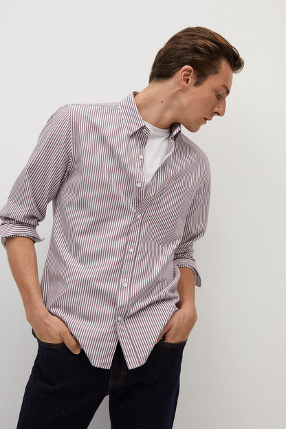 Striped button-up shirt with long sleeves and button-down collar, light red and white