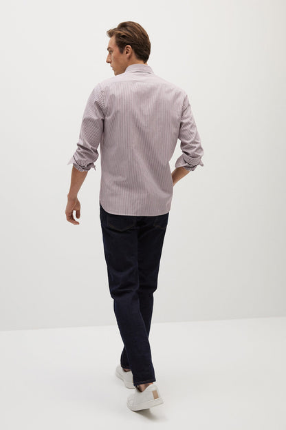 Striped button-up shirt, back view with long sleeves and button-down collar