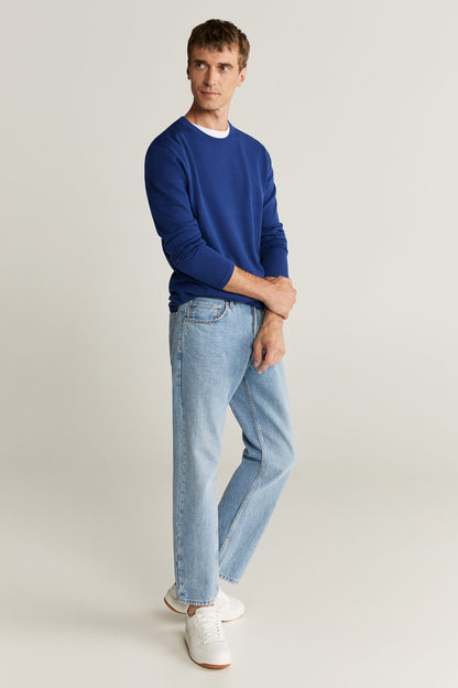 Men's blue crewneck sweater with ribbed cuffs and hem