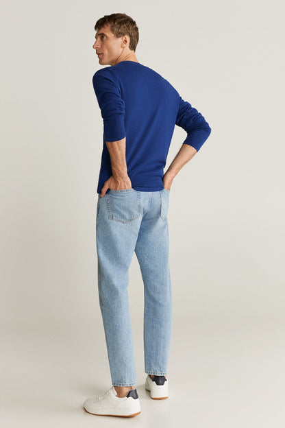 Men's blue crewneck sweater with ribbed hem and sleeves