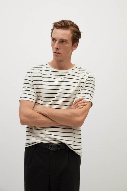 Ecru striped crew-neck T-shirt, short sleeves, black horizontal stripes