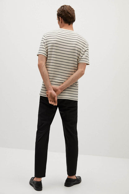 Ecru striped T-shirt back view, crew neck, short sleeves, black horizontal stripes