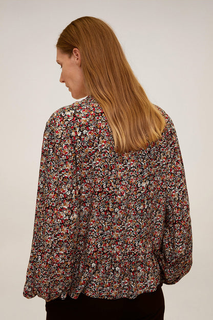 Floral long-sleeve blouse back view with gathered yoke and billowy sleeves, multicolor