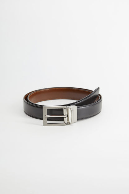Black leather belt with silver square buckle and metal keeper