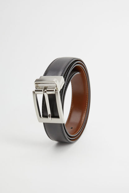 Black leather belt with silver buckle and brown underside lining