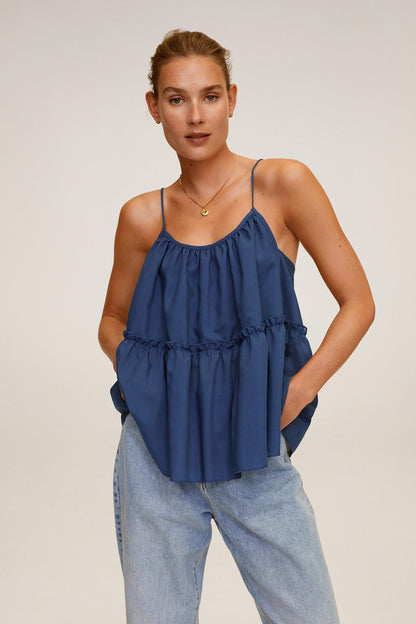 Ink blue sleeveless ruffle camisole with gathered waist and thin adjustable straps
