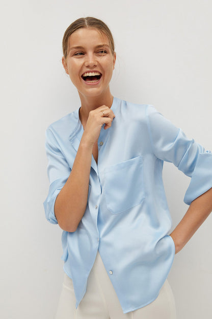 MANGO light-blue button-up shirt with collar and buttons