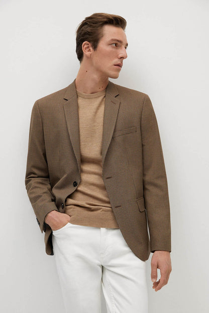 Men's brown check blazer with notched lapels and two-button front