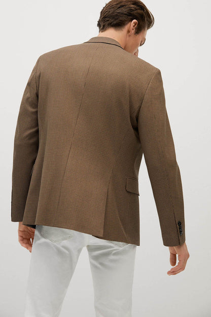 Back view of brown check blazer with vent and single-breasted construction