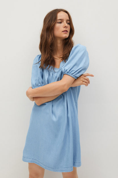 Light blue mini dress with puff sleeves, shirred neckline