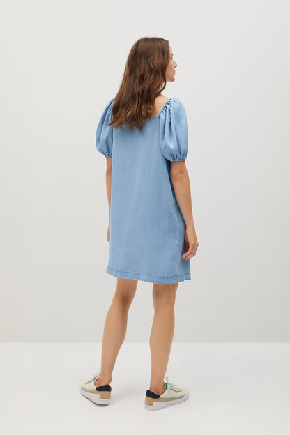 Light blue mini dress from back with short puff sleeves
