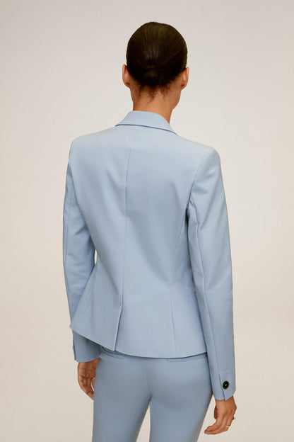 Sky blue blazer back with shoulder seams and long sleeves