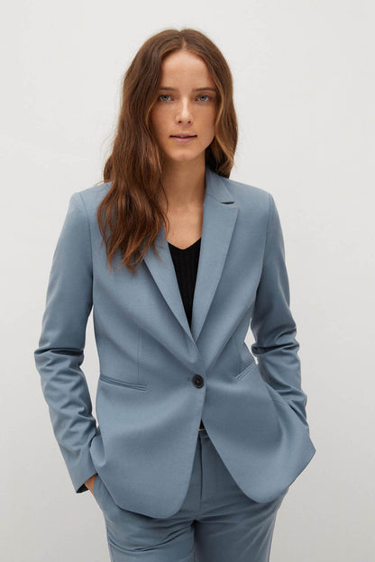 Sky blue women's blazer with notch lapels, single button closure, front pockets