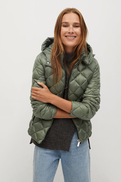Green quilted hooded puffer jacket with front zipper and side pockets