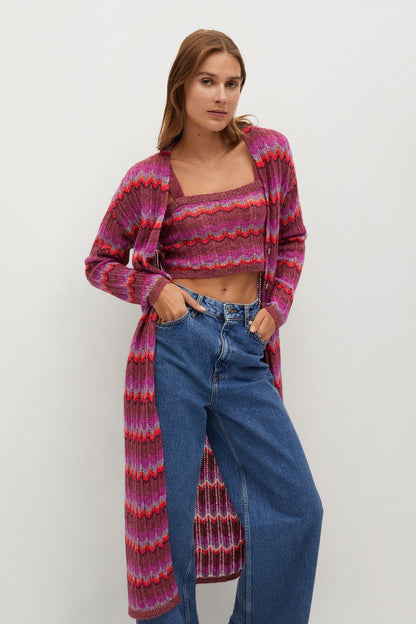 Purple zigzag knit cardigan with long sleeves and open front