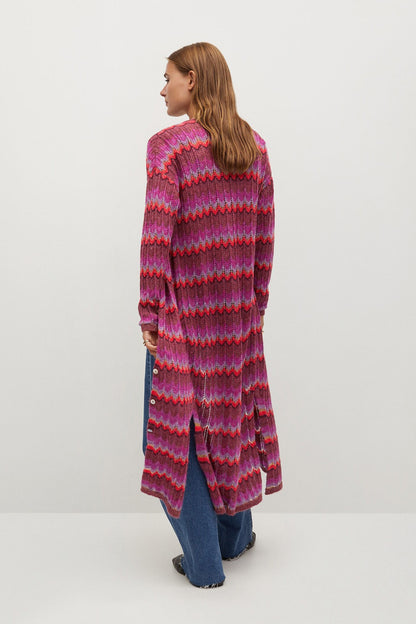Purple zigzag knit cardigan with long sleeves and open front, side profile