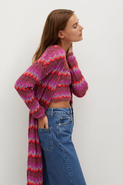 Purple zigzag knit cardigan with long sleeves and curved back hem