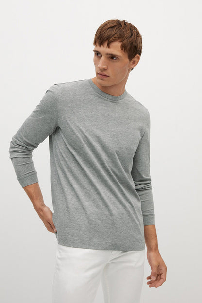 Men's grey crewneck long-sleeve top, heathered knit, straight hem