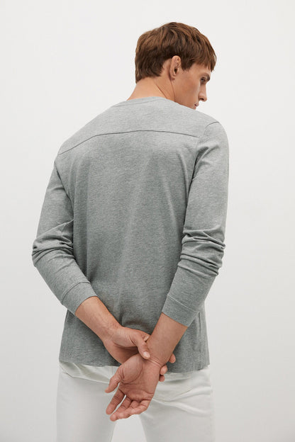 Men's grey crewneck long-sleeve top, back view, straight hem