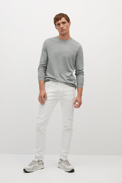 Men's grey crewneck long-sleeve top, front view, straight hem