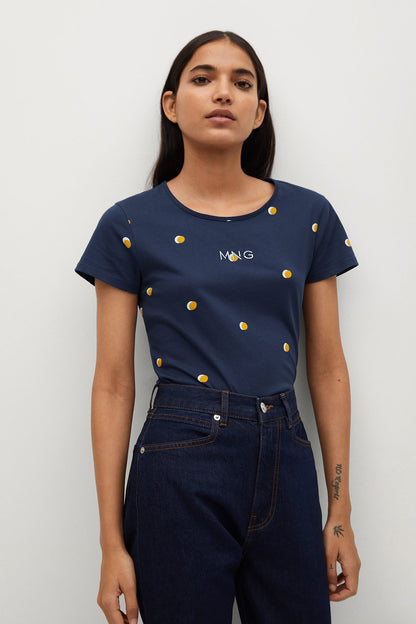 Navy crew-neck T-shirt with yellow dot print and small logo on chest