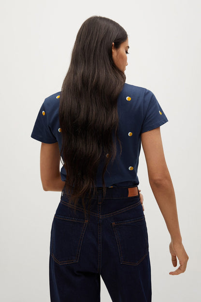 Navy crew-neck T-shirt with yellow dot print, seen from the back