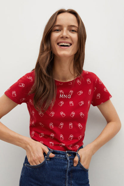 Red short-sleeve graphic T-shirt with MANGO logo print