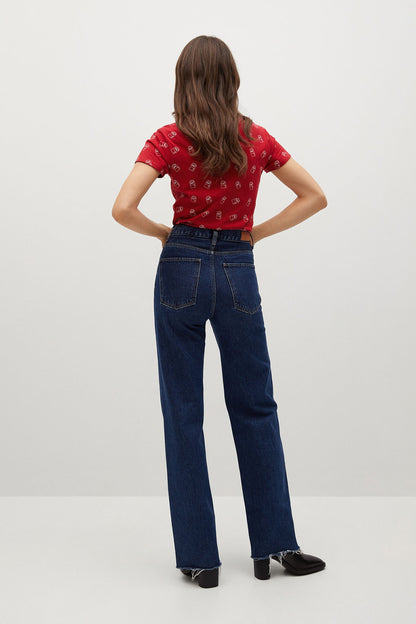 Red short-sleeve graphic T-shirt with repeated logo print, back view