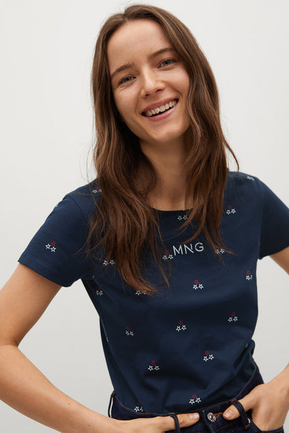 Dark blue crew-neck T-shirt with small MNG-style icons print and short sleeves