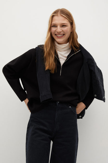 Black denim jacket with zip front and stand collar