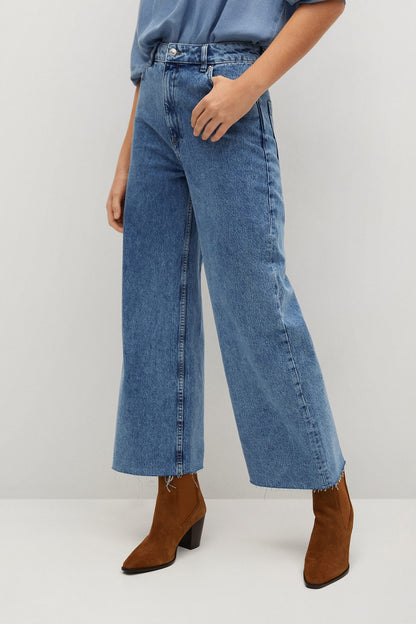 Medium blue denim wide-leg jeans with button fly and belt loops