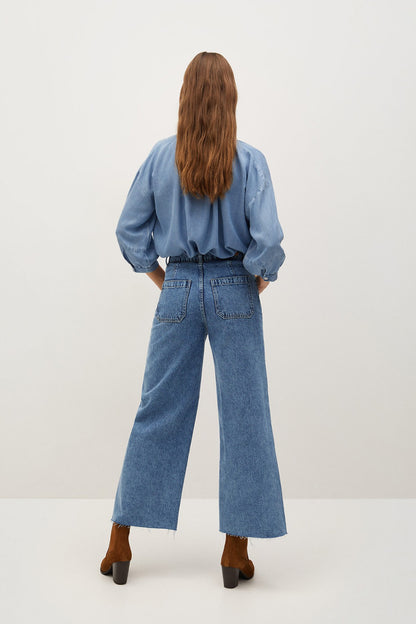 Medium blue denim wide-leg jeans with back yoke and patch pockets
