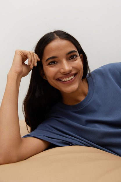 Blue crew-neck short-sleeve T-shirt close-up