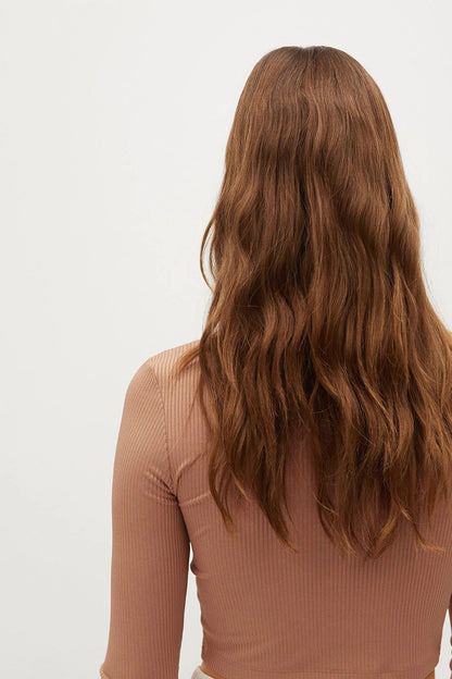 Camel ribbed knit short-sleeve top, back view with crew neckline.
