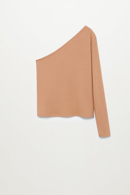 MANGO camel ribbed one-shoulder knit top, long sleeve, laid flat