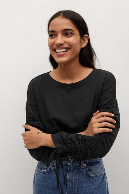 MANGO black long-sleeve top with ruched cuffs and side drawstrings