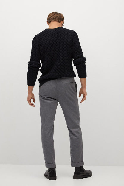 Grey trousers back view with belt loops and cuffed hem